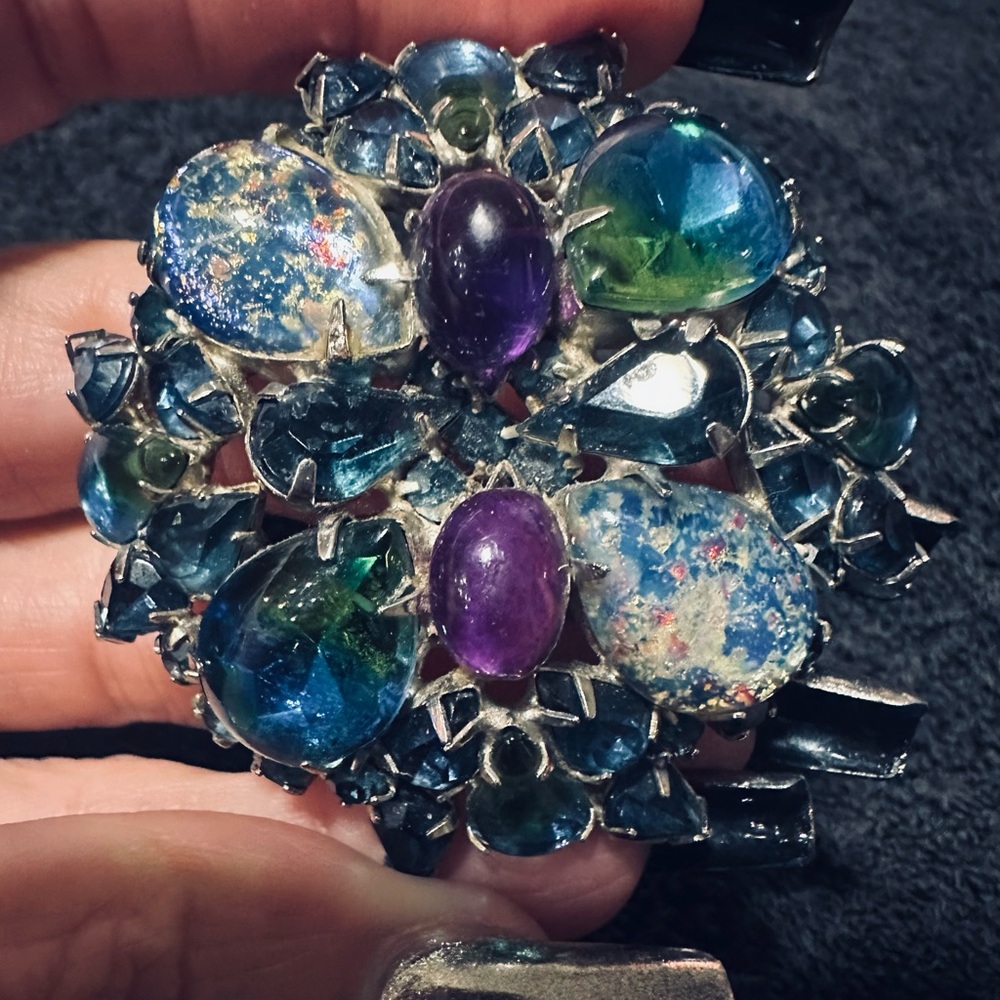 Vintage Albert WEISS Blue & Green Cateye Cabochon Rhinestone Bi-Color Brooch